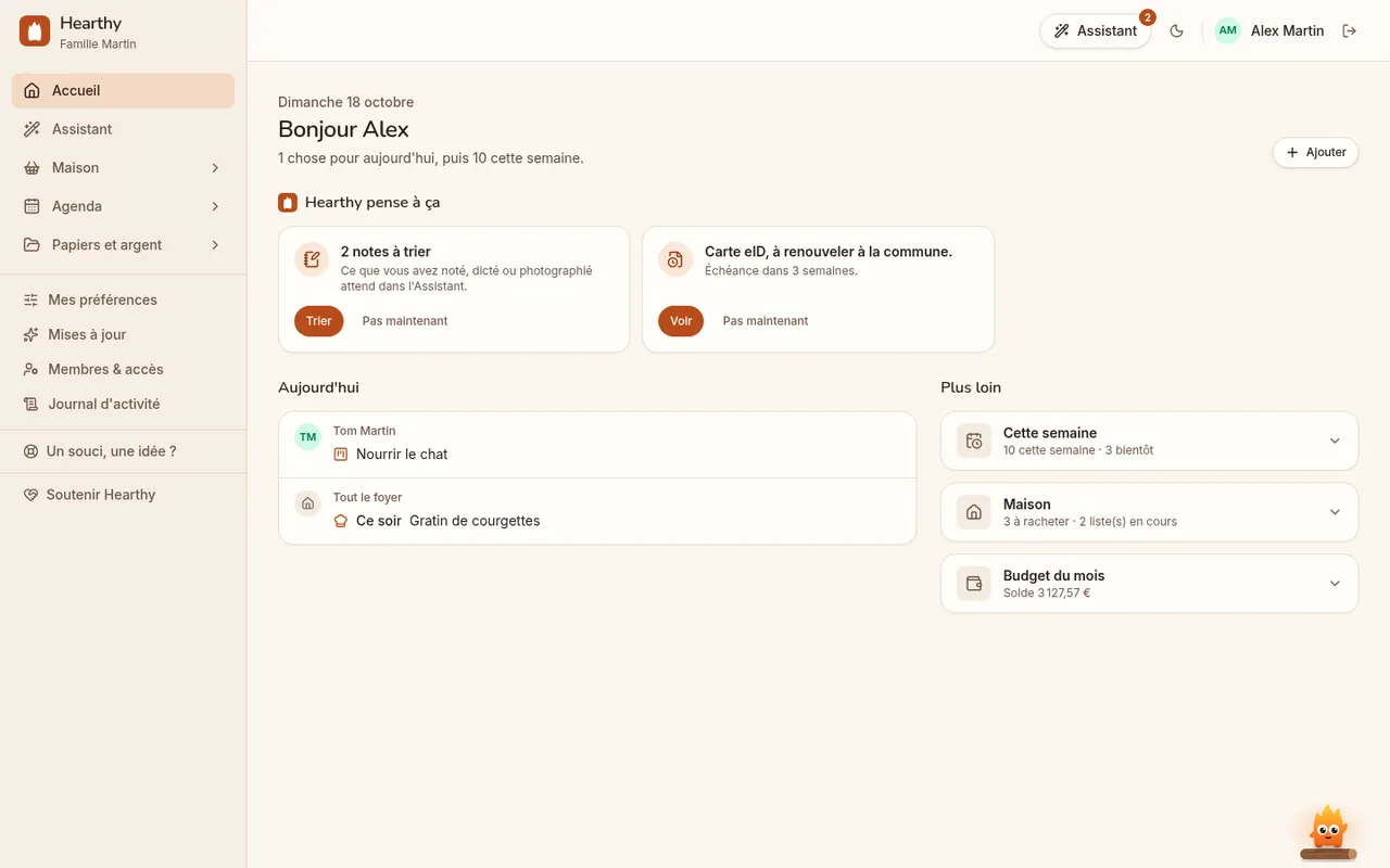 Hearthy sur un ordinateur : le menu par espaces, ce que Hearthy propose, la journée de chacun, et le reste replié