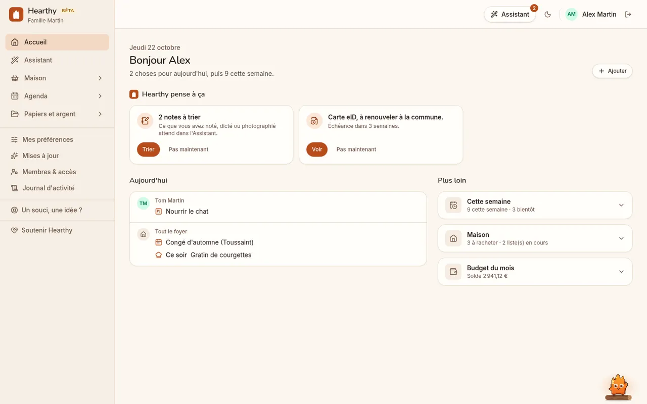 Hearthy sur un ordinateur : le menu par espaces, ce que Hearthy propose, la journée de chacun, et le reste replié