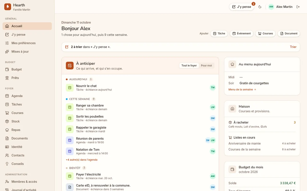 Hearthy sur un ordinateur : le menu complet, ce qui arrive, le menu du jour, les courses et le budget
