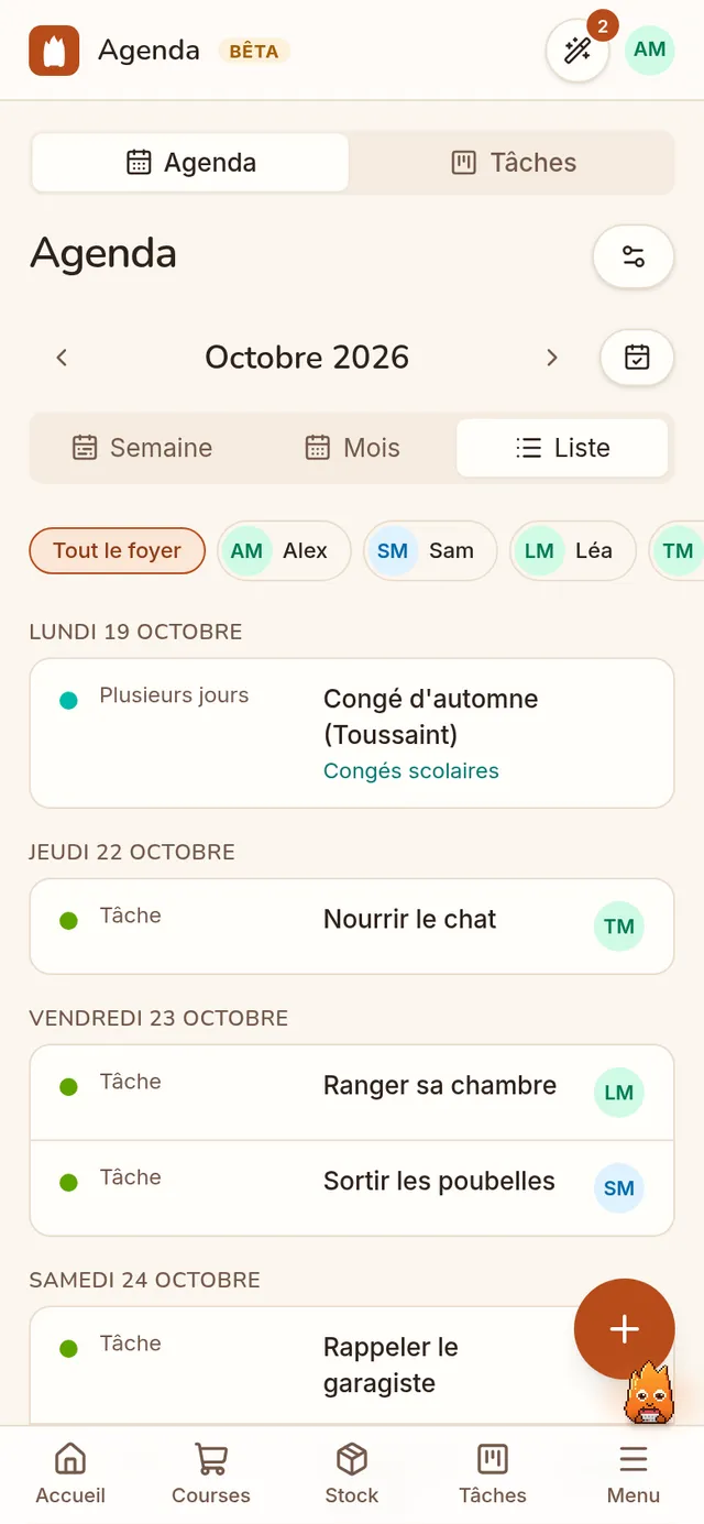 L'agenda du foyer, par personne