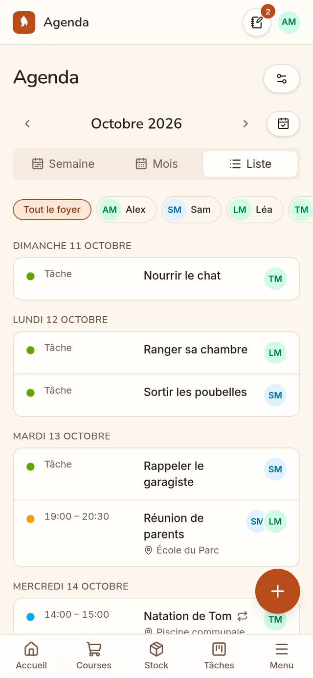 L'agenda du foyer, par personne