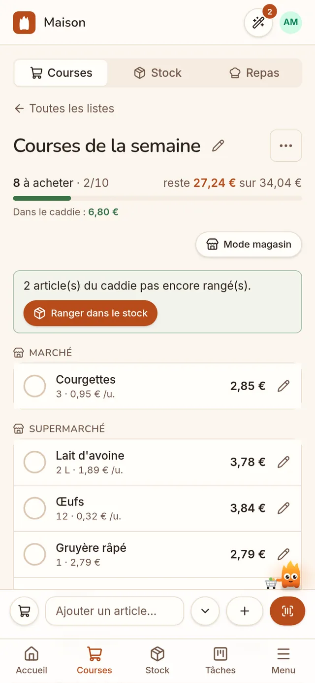 Une liste de courses, rangée par magasin, avec les prix