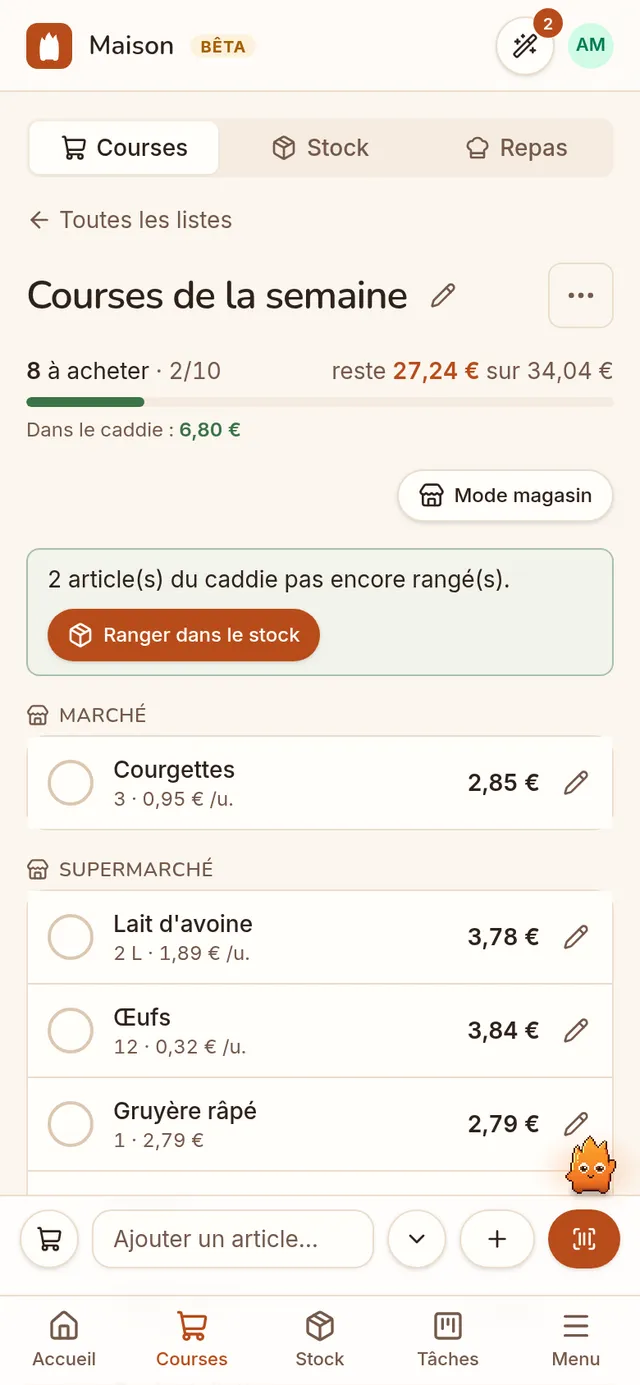 Une liste de courses, rangée par magasin, avec les prix