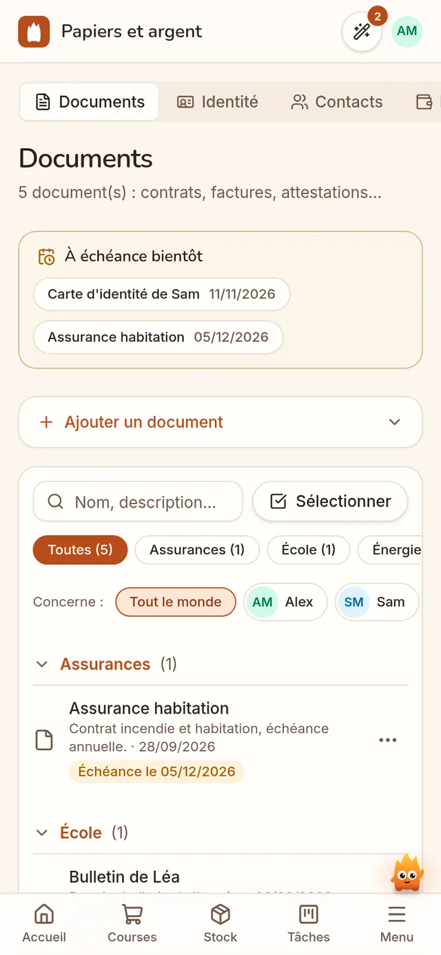 Les papiers du foyer et leurs échéances