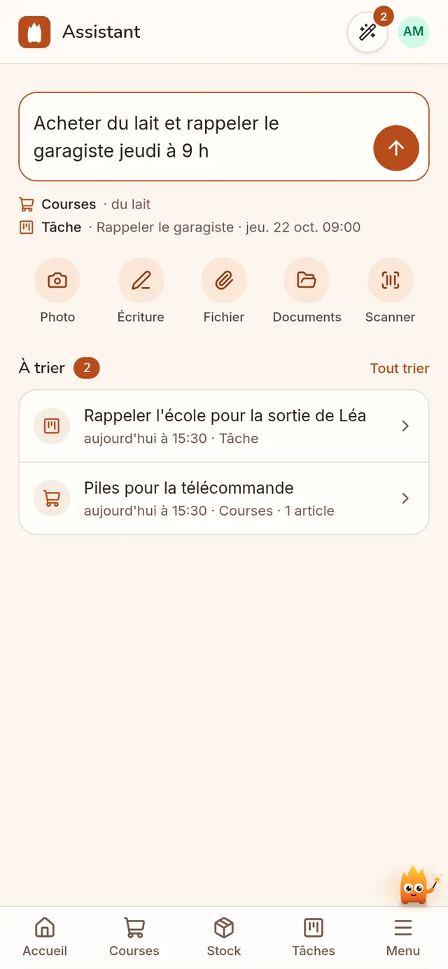 L'assistant : une note tapée, et Hearthy qui propose de la ranger dans les courses et les tâches