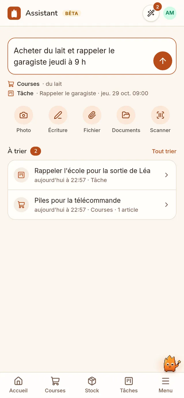 L'assistant : une note tapée, et Hearthy qui propose de la ranger dans les courses et les tâches