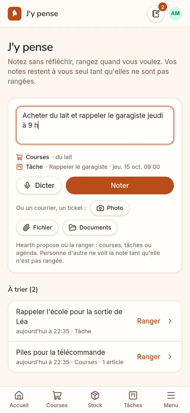 « J'y pense » : une note tapée, et Hearthy qui propose de la ranger dans les courses et les tâches