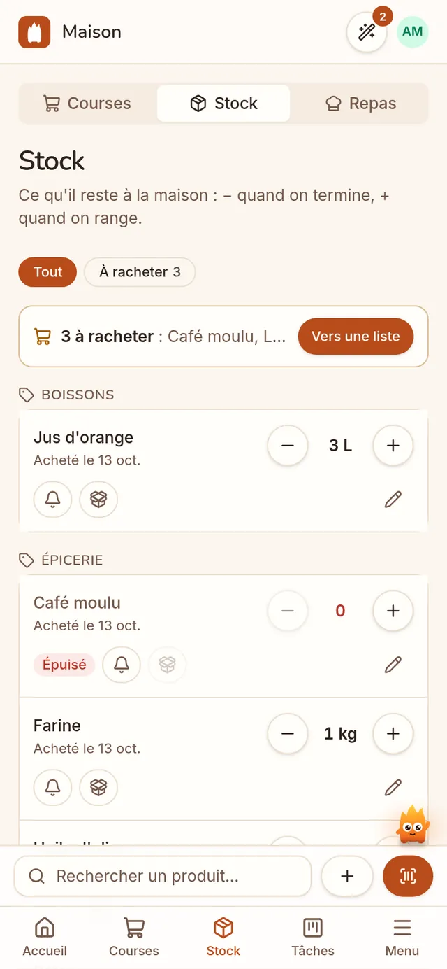 Le stock de la maison et ce qu'il faut racheter