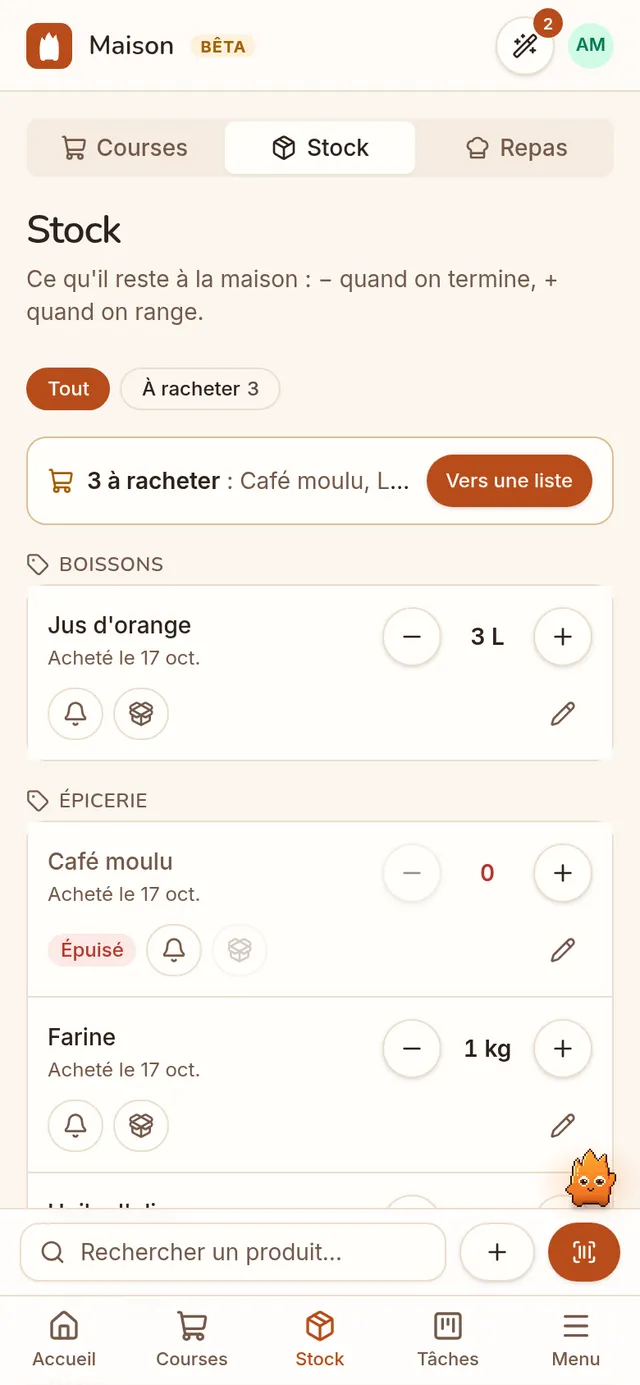 Le stock de la maison et ce qu'il faut racheter