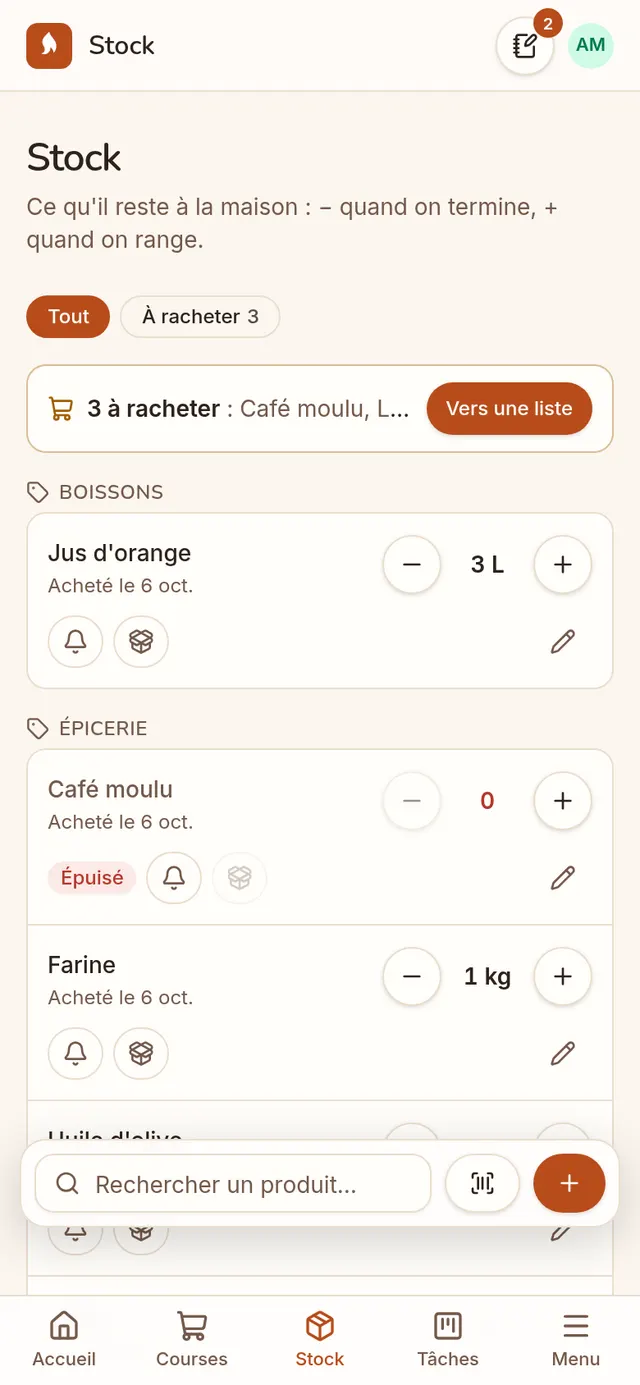 Le stock de la maison et ce qu'il faut racheter